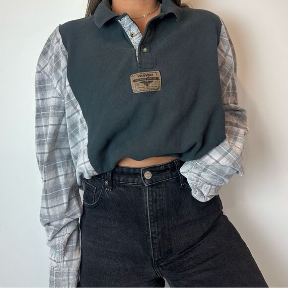 Reworked Upcycled Wrangler Long Sleeve Baggy Henley Warm Flannel Shirt Top - Picture 1 of 4